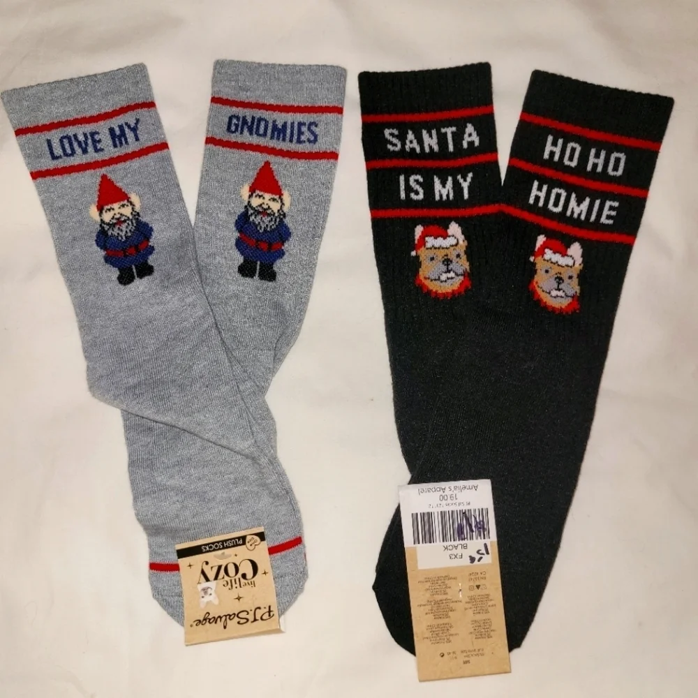 NWT* PJ Salvage* Plush Socks* Holiday Theme* 2 pr* 1 Gray/ 1 Black